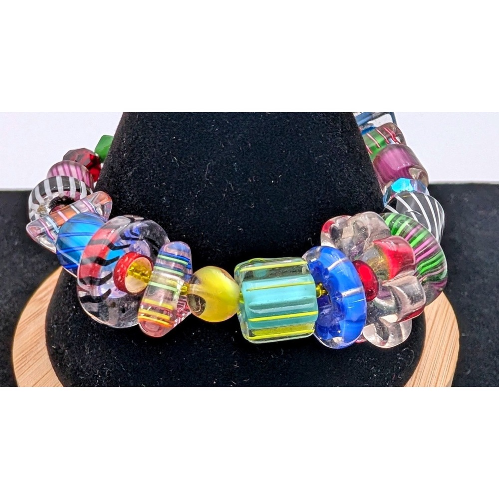 Artisan Lampwork Glass Bead Bracelet Multi Color Boho Button Toggle 8 Inch - Picture 3 of 5